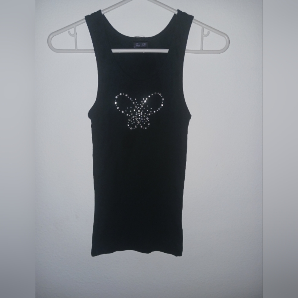Jen-X Black Sleeveless Tank Top with Rhinestone Butterfly Print Design (S)